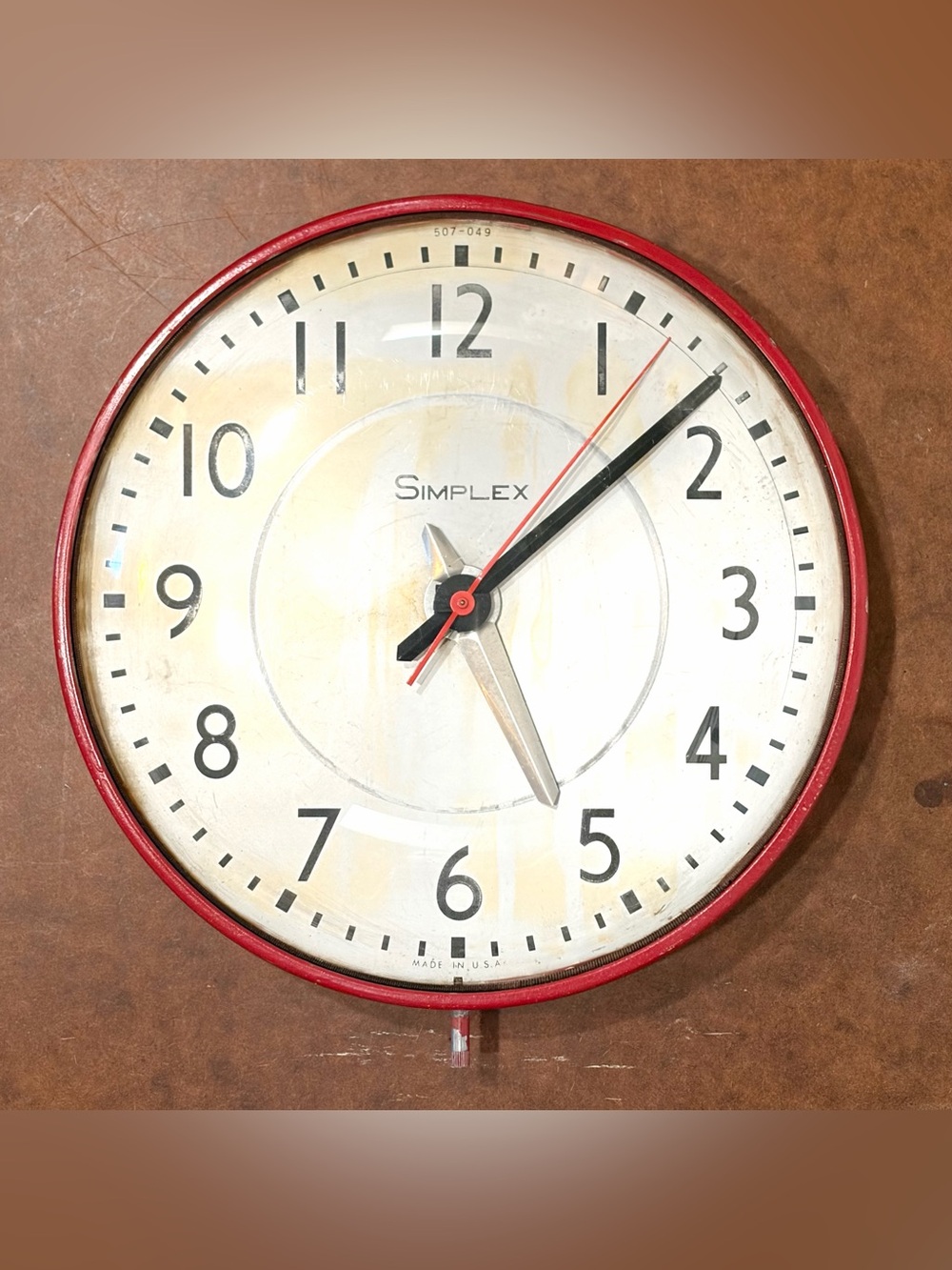 Vintage- ⏰ SIMPLEX- Red Industrial Schoolhouse Wall Clock- WORKS!